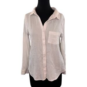 Lucky Brand White Top Crinkled Collared Back Slit Curved Hem Button-Up M Medium